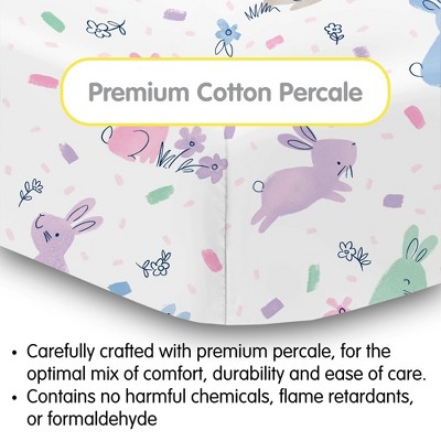 BreathableBaby Cotton Percale Fitted Sheet, For 52" x 28" Crib & Toddler Bed Mattress, Bunnies (2-Pack)
