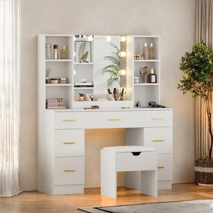 Farmhouse Vanity Set with LED Mirror,56"Makeup Vanity with Power Outlet&Storage Shelves - 1 of 4