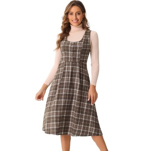 INSPIRE CHIC Women's Plaid Vintage Sleeveless High Waist Midi Pinafore A-Line Dress with Pocket - 1 of 4