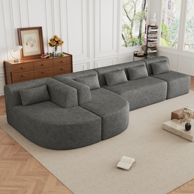144"W Upholstered Free-combined Sectional Sofa Couch with Two Chaise Loungers and 5 Back Pillows for Living Room -ModernLuxe