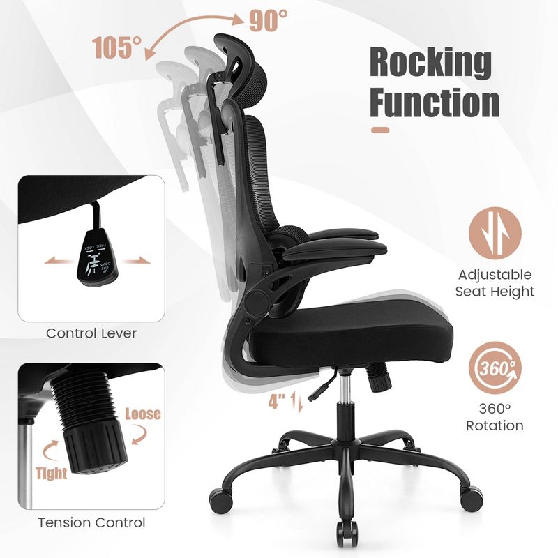 Costway Mesh Office Chair with Adaptive Lumbar Support Flip-up Padded Armrests Headrest, 5 of 11