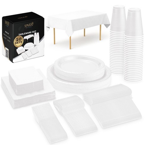 SparkSettings Pink Party Supplies Set, Serves 20 Guests, Disposable Dinnerware Set of 222 Pieces