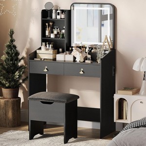 Vanity Desk with LED Lighted Mirror & Charging Station, 2 Drawers & 4 Open Shelves, Makeup Vanity Table for Girls Women - 1 of 4