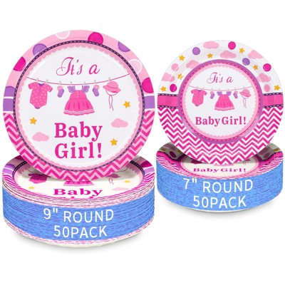 DYLIVeS 100 Pack Baby Shower Pink Paper Plates,disposable Dinner Plate 1st happy birthday Party Tableware Set for princess Baby Girl Decorations