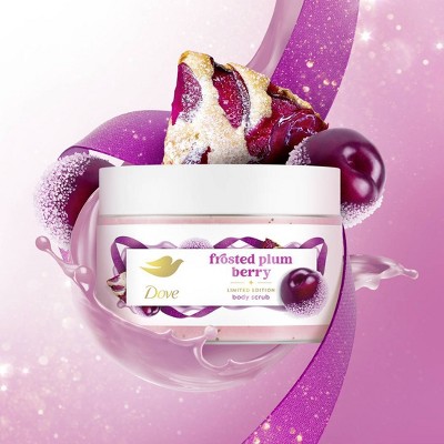 Dove Frosted Plum Berry Body Scrub is displayed with a vibrant purple swirl backdrop, evoking a sense of freshness. highlighted by glistening plum berries and a frosted plum dessert, emphasizing indulgence and hydration.