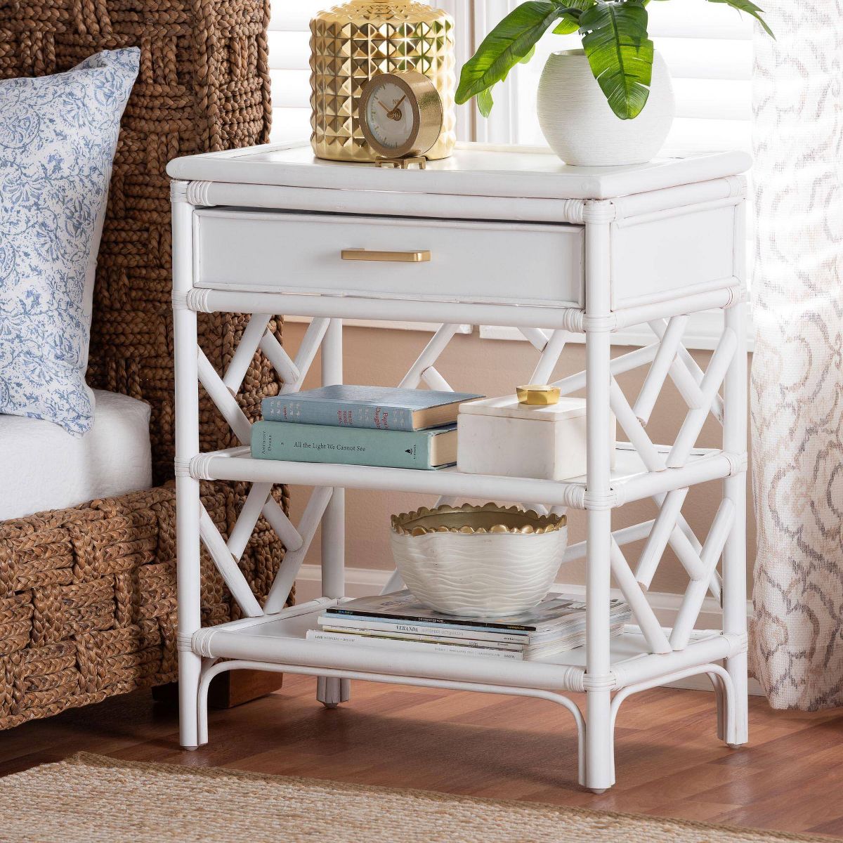 bali & pari Daina Natural Rattan Nightstand with Drawer and Open Shelves White - thumbnail 9