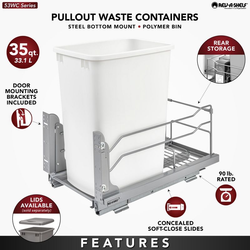 Rev-A-Shelf Pull-Out Trash Can for Under Kitchen Cabinets 35 Quart 8.75 Gallon with Soft-Close Slides and Rear Storage, Champagne, 53WC-1535SCDM, 3 of 6