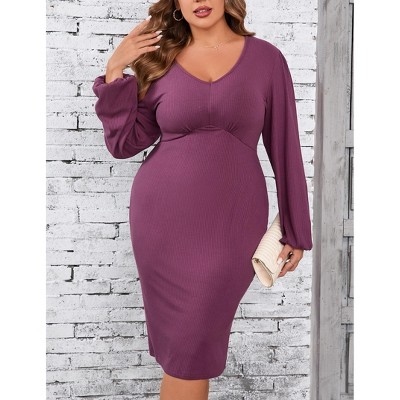 Plus Size Women's V-Neck Dress Casual Long Sleeves Slim Fit Midi Dress Bodycon Party Dress