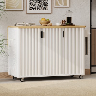 51" Fluted Kitchen Island on Wheels, with Drop Leaf, Internal Storage Rack and Towel Rack, for Kitchen, Dining Room