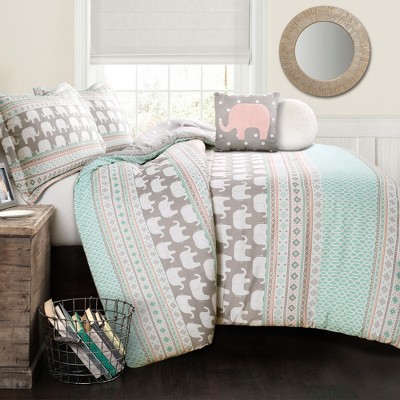 4pc Twin Elephant Striped Comforter Set with Elephant Throw Pillow Turquoise/Pink - Lush Décor