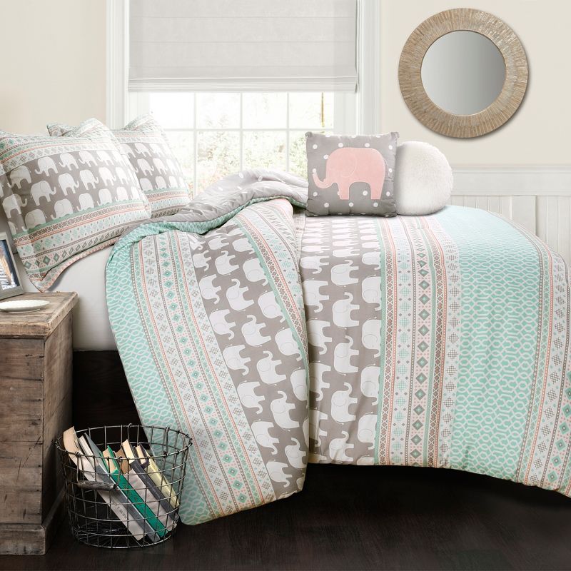 Elephant Striped Comforter Set with Elephant Throw Pillow Turquoise/Pink - Lush Décor, 1 of 9