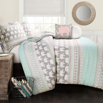 Elephant Striped Comforter Set with Elephant Throw Pillow Turquoise/Pink - Lush Décor