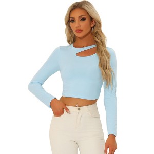 Allegra K Women's Casual Long Sleeve Cut Out Slim Fitted Basic Crop Tops - 1 of 4