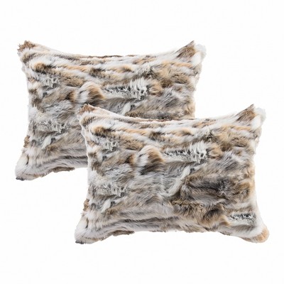 HomeRoots Set of Two 12" X 20" Tan and White Rabbit Natural Fur Throw Pillow