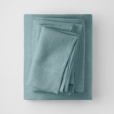 Queen 100% Washed Linen Solid Sheet Set Light Teal - Casaluna™