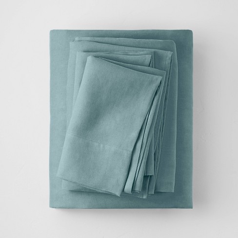 King 100% Washed Linen Solid Sheet Set Light Teal - Casaluna™