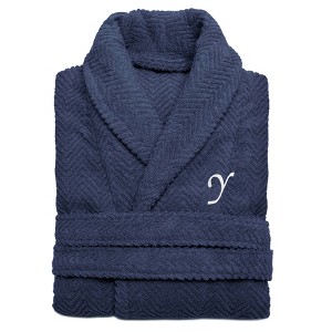 Linum Home Textiles 100% Turkish Cotton Unisex Personalized Herringbone Midnight Blue Bathrobe in White Chancery Font - 1 of 2