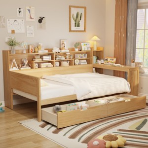 Full Size Wooden Daybed with Built-In Desk, Multi-Functional Frame with Storage Shelves and Drawers, Space-Saving Design-Maison Boucle - 1 of 4