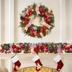 24 in Christmas Wreath for Front Door, Artificial Christmas Wreath with Timer, Xmas Wreath with Red Berries, Pine Cones, Ball Ornaments - 1 of 4