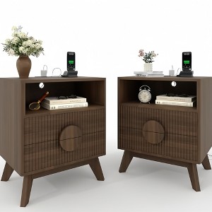 GustoWave Rustic Fluted NightStand Set of 1/2, Wood Tall Nightstands, End Table with 2 Drawers & Open Shelf & Feet - 1 of 4