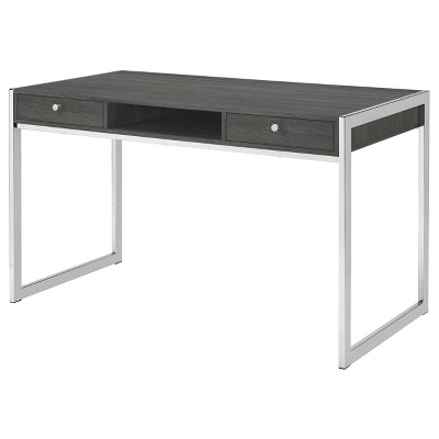 Weathered Gray Contemporary Home Office Desk with Chrome Accents and Dual Drawers