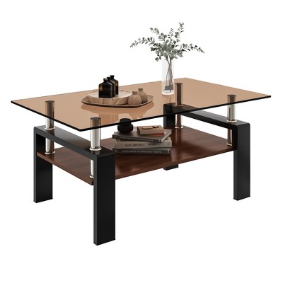 Syemin Rectangular Side Table Set, Two-Layer Coffee Table with Tempered Glass Top for Modern Living Room, Brown, 39.2"*23.4"*17.7"