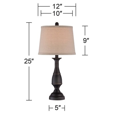 Rustic Farmhouse Dark Bronze Metal Table Lamp Set with Linen Drum Shades