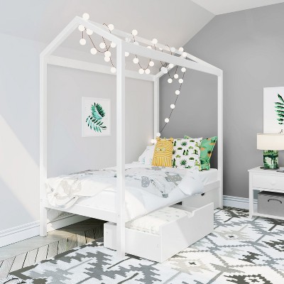 Max & Lily Twin Size Solid Wood House Bed Frame with Storage Drawers and Roof for Kids Bedroom