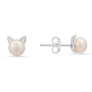 Sterling Silver Kitty Cat Pearl Stud Earrings - 1 of 2