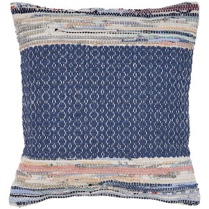 HomeRoots 18" X 18" Blue White Red And Yellow 100% Cotton Striped Zippered Pillow - 1 of 4