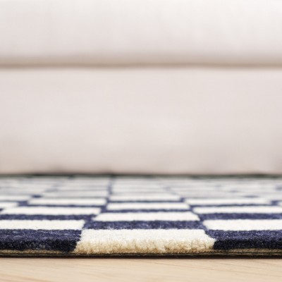 Navy and Ivory Checkered Handmade Wool Area Rug, 3' x 5'