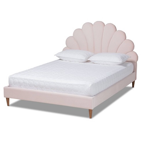 Queen Odille Velvet Seashell Shaped Platform Bed Light Pink walnut