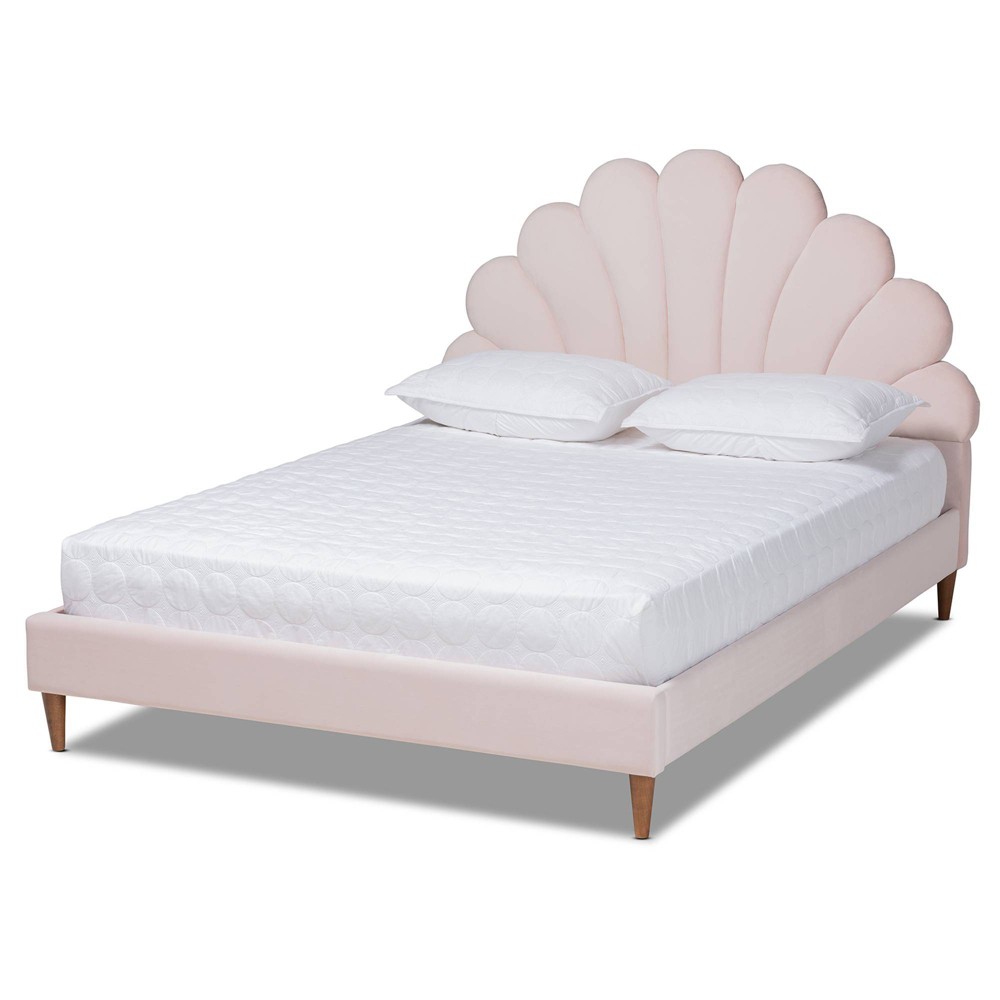 Photos - Bed Queen Odille Velvet Seashell Shaped Platform  Light Pink/Walnut - Baxton Studio: Glam room Furniture, Channel Tufted