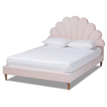 Queen Odille Velvet Seashell Shaped Platform Bed Light Pink/Walnut - Baxton Studio