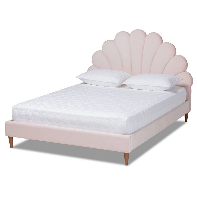 Queen Odille Velvet Seashell Shaped Platform Bed Light Pink/Walnut - Baxton Studio, 1 of 9