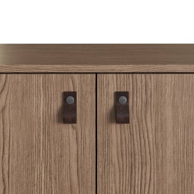Amber Natural Eucalyptus Wood Buffet Sideboard with Faux Leather Handles