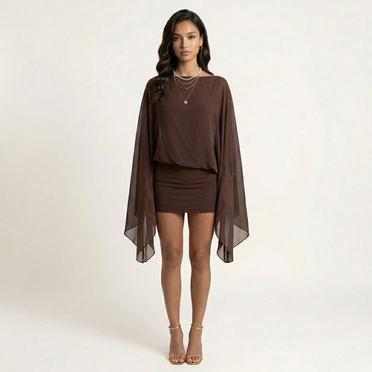 Женские платья Anna-Kaci Women's Mini Dress with Sheer Draped Long Sleeves and Fitted Skirt Elegant Party Outfit - Small, Burgundy — фото 2