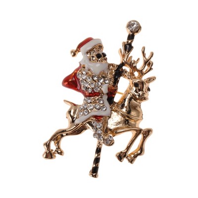 Unique Bargains Christmas Brooches YNCP1357 Santa on Reindeer Alloy Dripping Wax Red Gold Tone 1.5"x2.28" 1 Pc