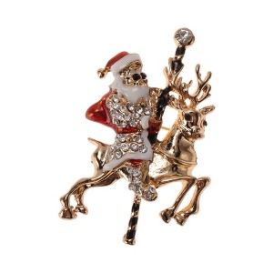 Unique Bargains Christmas Brooches YNCP1357 Santa on Reindeer Alloy Dripping Wax Red Gold Tone 1.5"x2.28" 1 Pc - 1 of 4