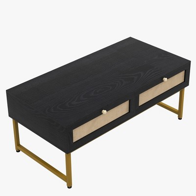 46" Rattan Coffee Table with Metal Frame - Center Rectangular Table with 2 Drawers
