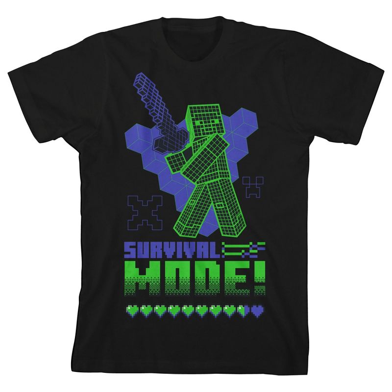 Minecraft Neon Violet and Green Graphic Youth Boys Black T-Shirt, 1 of 3