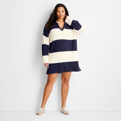 Women's Long Sleeve Rugby Mini Sweater Dress - Future Collective Navy Blue Striped XXL