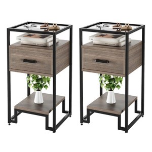 GustoWave 2PCS Nightstands with Storage Drawer, 3-Tier Shelving, Tempered Glass Top for Bedroom, Dorm - Black and Rustic Brown - 1 of 4