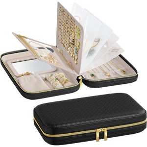Travel Jewelry Case with Mirror, Woven Embossed PU Leather Organizer with Pouch, Portable, White - 1 of 4