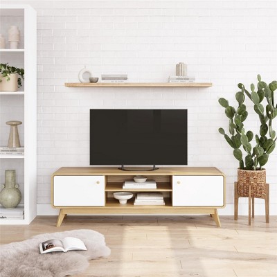 Leva Oak and White Mid-Century Modern TV Stand with Cabinet