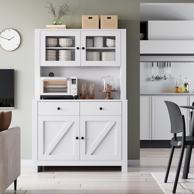 Garvee Kitchen Pantry Cabinet with Microwave Stand, Freestanding Hutch Cabinet with Buffet Cupboard