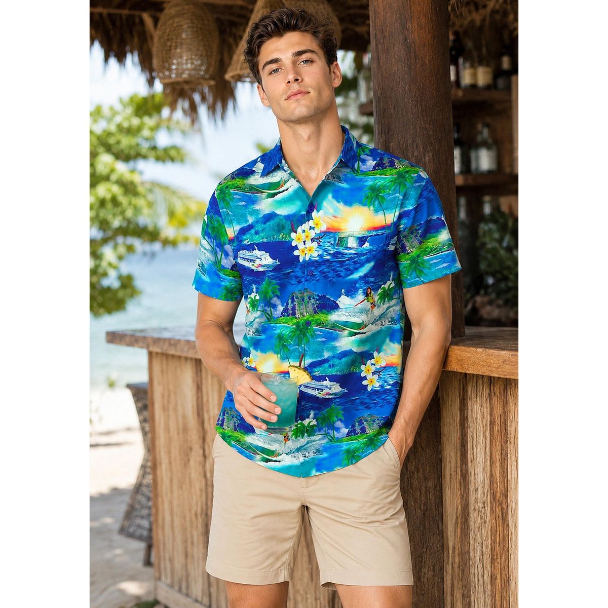 LA LEELA Mens Hawaiian Shirts Short Sleeve Button Down Shirt Men's Holiday Shirts Summer Casual Holiday Tropical Shirts for Men Funny XXL Blue, Tree - thumbnail 3