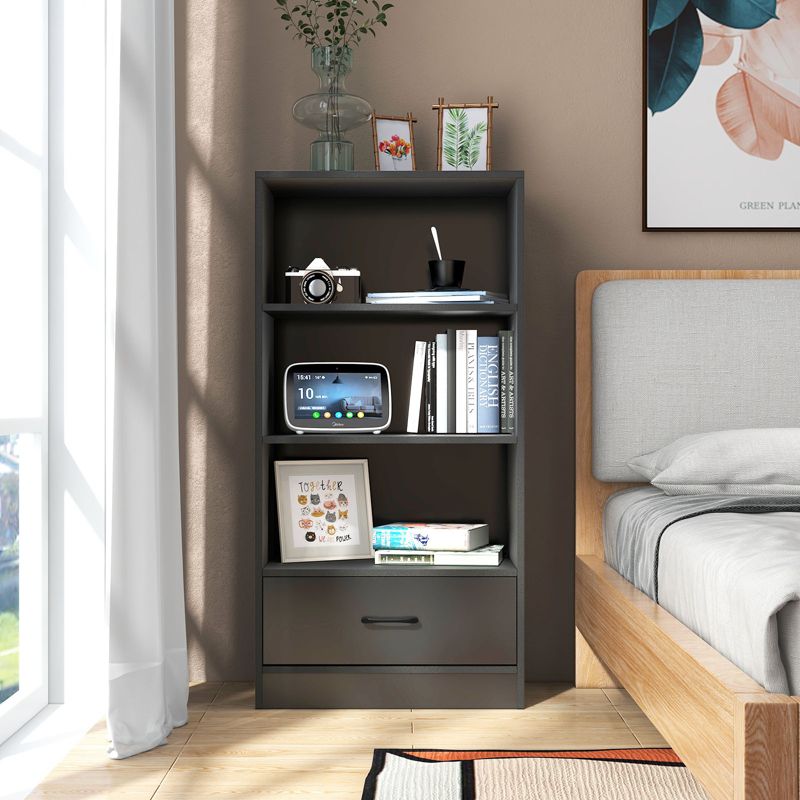 Tangkula 4-Tier Bookcase w/Storage Drawer Modern Storage Shelf w/3-Tier Open Shelf Freestanding Display Shelf Grey/Natural/White, 4 of 9