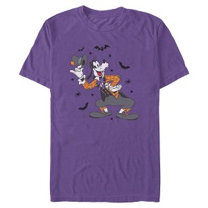 Mens Mickey & Friends Halloween Goofy Tipping Hat Bats and Spiders T Shirt - 1 of 3
