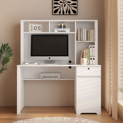 Computer Desk, Home Office Desk with Cabinet, Drawer and Storage Shelves, 3 AC Outlets and 2 USB Charging Ports, for Home Office Bedroom Small Spaces